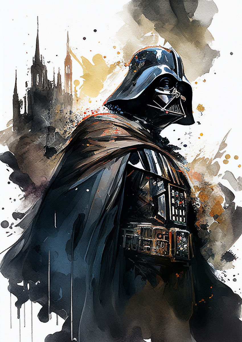 Dramatic artwork of Darth Vader with abstract background in dark tones.